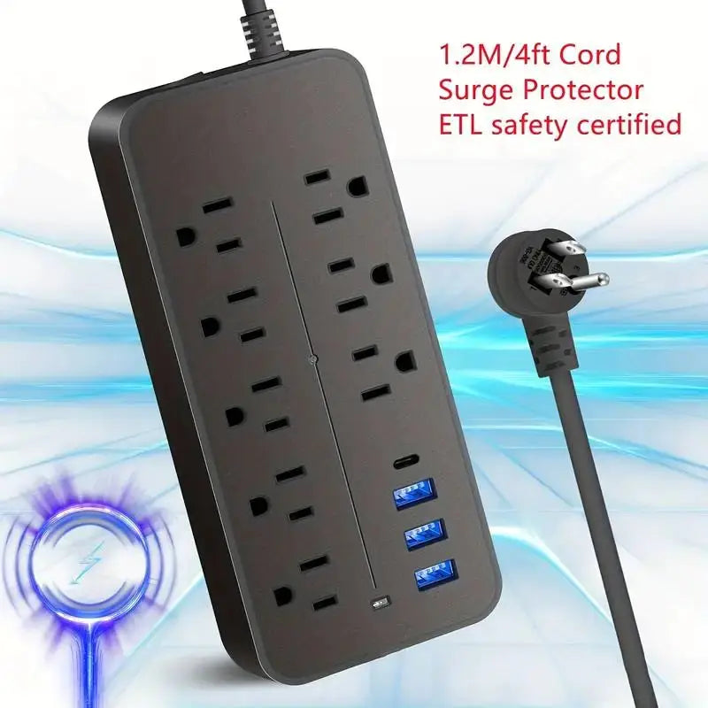 Protector contra sobretensiones tipo regleta: 8 tomas, 3 puertos USB y 1 puerto USB-C