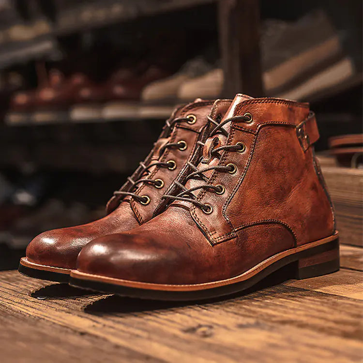 Botas de moto de cuero con cordones estilo retro para hombre