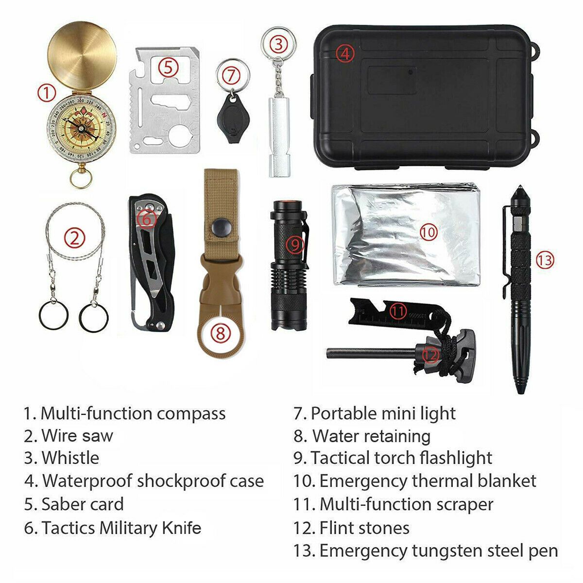 Kit de supervivencia y seguridad para emergencias al aire libre 14 en 1 para acampar
