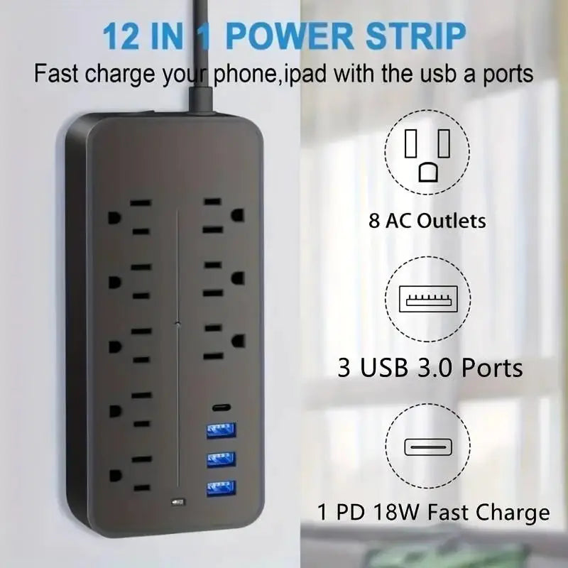 Protector contra sobretensiones tipo regleta: 8 tomas, 3 puertos USB y 1 puerto USB-C