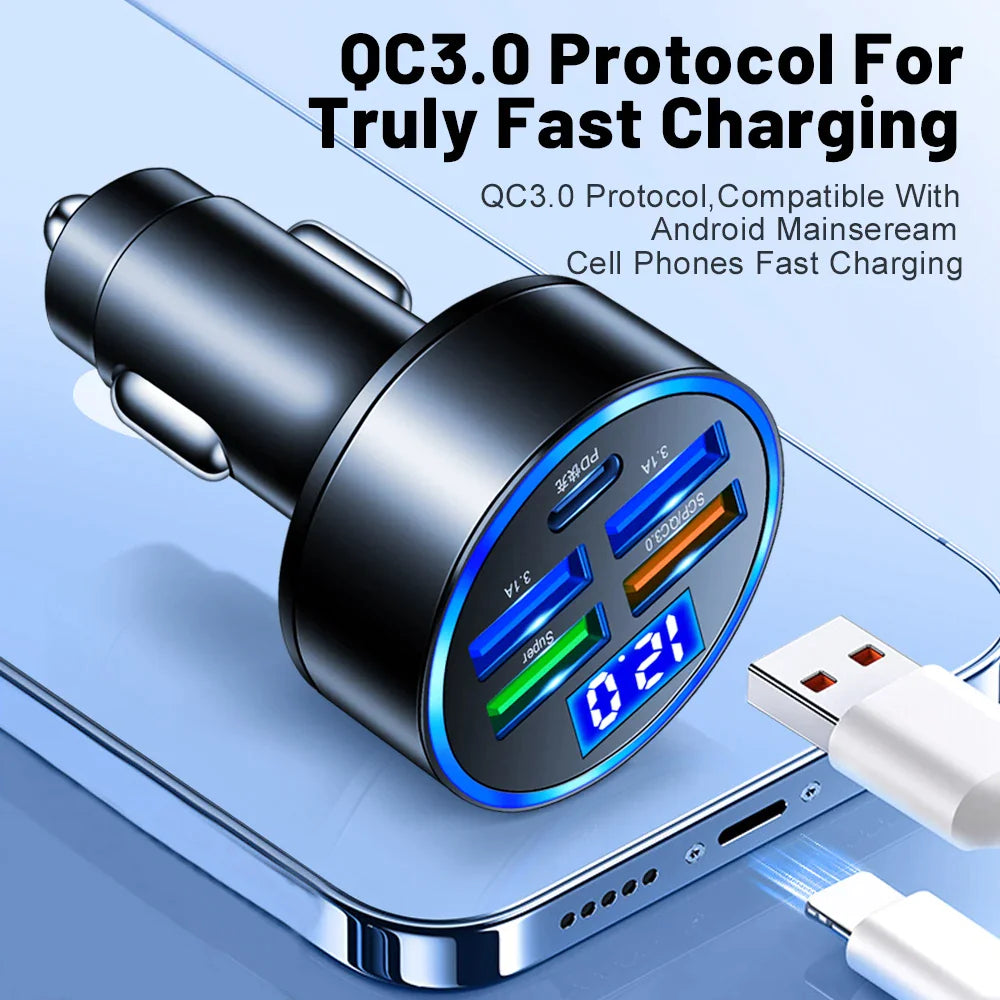 Adaptador de cargador de coche superrápido con 5 puertos USB para iPhone, Samsung y Android.