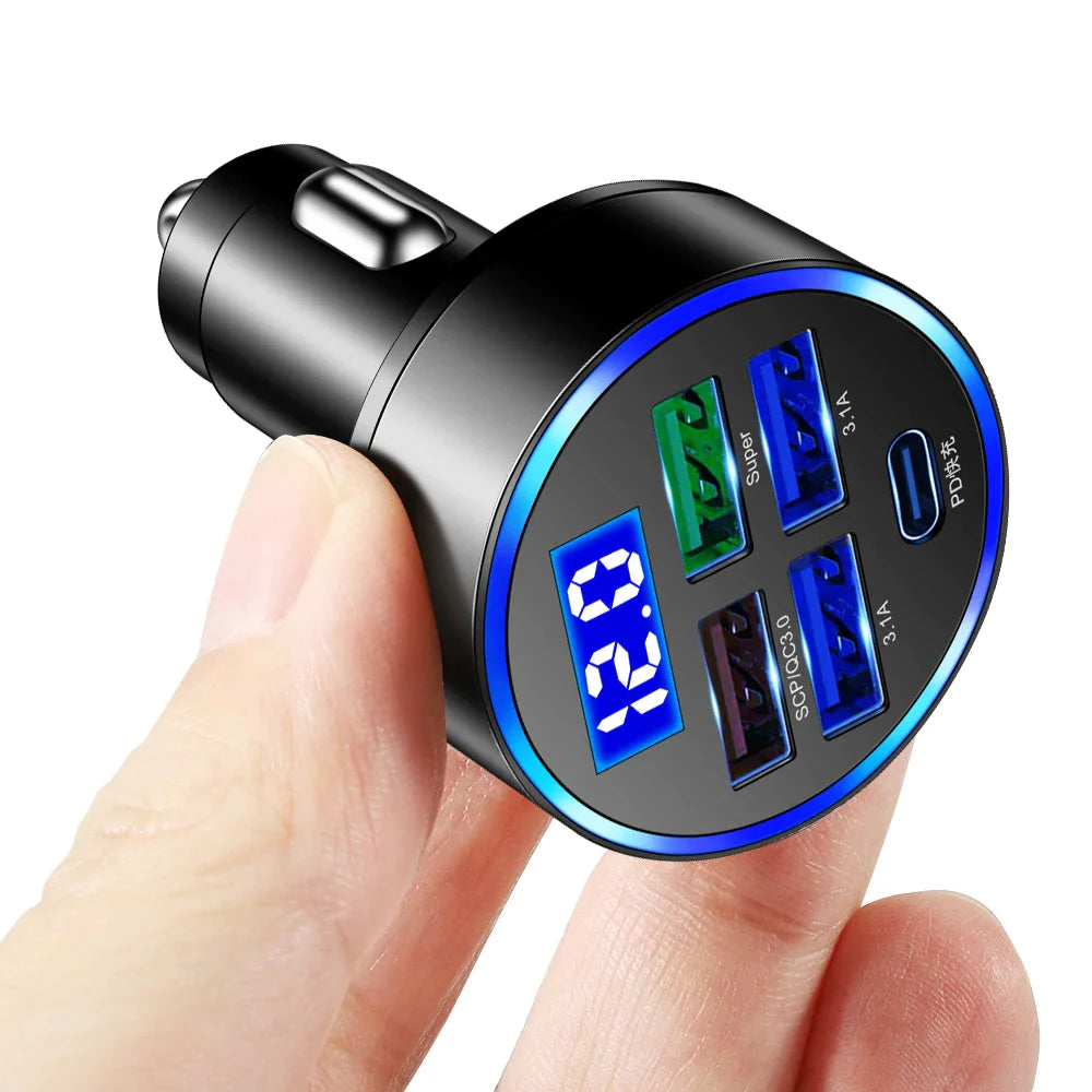 Adaptador de cargador de coche superrápido con 5 puertos USB para iPhone, Samsung y Android.